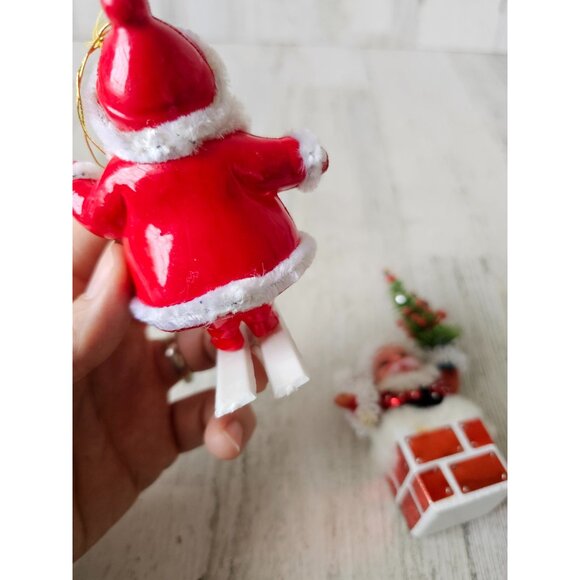 Vintage flocked Santa skier plastic chimney tree ornament beaded Xmas Santa with - Picture 5 of 15